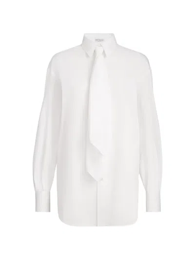 Brunello Cucinelli Stretch Cotton Poplin Shirt With Tie And Monili In White