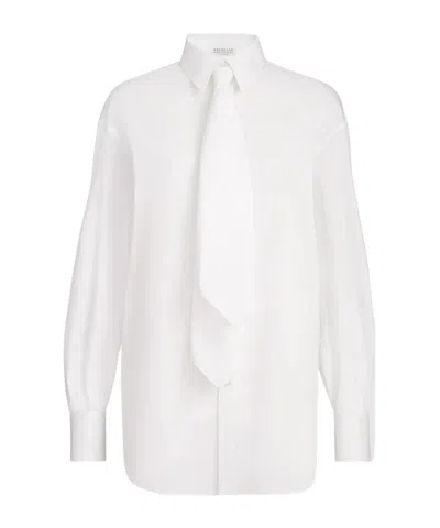 Brunello Cucinelli Stretch Cotton Poplin Shirt With Tie And Monili In White