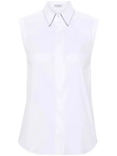 Brunello Cucinelli Stretch Cotton Poplin Sleeveless Shirt With Shiny Trim Clothing In White