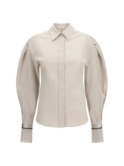 Brunello Cucinelli Stretch Cotton Poplin Shirt With Shiny Silk Cuffs In Neutral