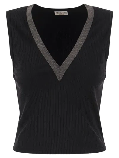 BRUNELLO CUCINELLI STRETCH COTTON RIB JERSEY TOP WITH SHINY COLLAR