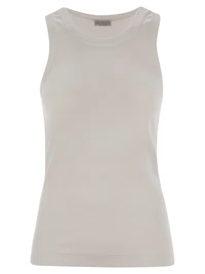 Brunello Cucinelli Women Stretch Cotton Ribbed Jersey Top With Monile In Gray
