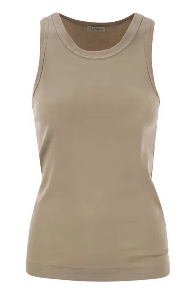 Brunello Cucinelli Stretch Cotton Ribbed Jersey Top With Monile In Beige