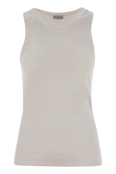Brunello Cucinelli Stretch Cotton Ribbed Jersey Top With Monile In White