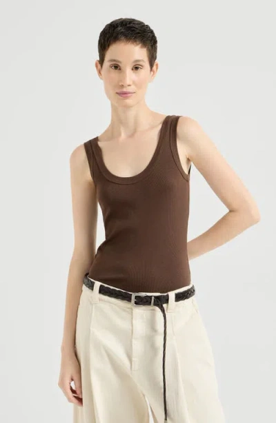 Brunello Cucinelli Stretch Cotton Ribbed Jersey Top With Monili In Brown