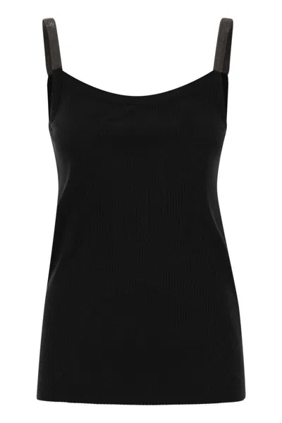 Brunello Cucinelli Stretch Cotton Ribbed Jersey Top With Precious Straps In Black