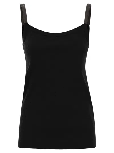 BRUNELLO CUCINELLI STRETCH COTTON RIBBED JERSEY TOP WITH PRECIOUS STRAPS