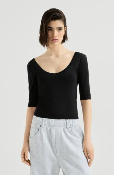 Brunello Cucinelli Stretch Cotton Ribbed Jersey T-shirt With Monili In Black