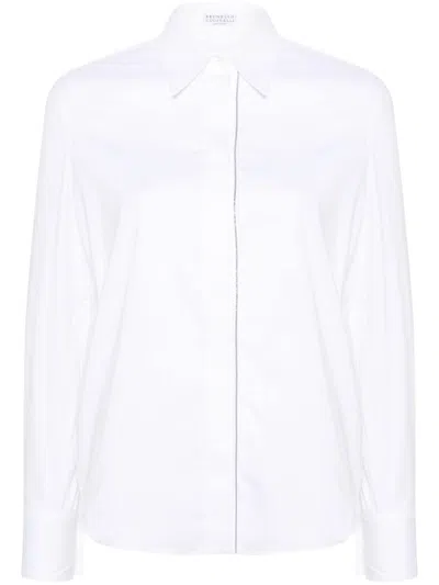 Brunello Cucinelli Stretch Cotton Poplin Shirt With Shiny Trim In White