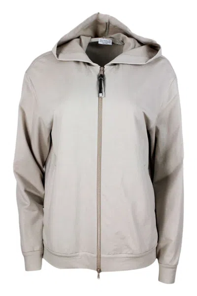 BRUNELLO CUCINELLI BRUNELLO CUCINELLI STRETCH COTTON SWEATSHIRT WITH HOOD AND JEWEL ON THE ZIP PULLER