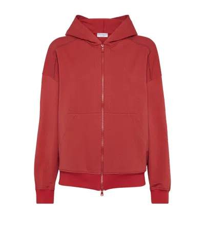 Brunello Cucinelli Stretch-cotton Zip-up Hoodie In Red