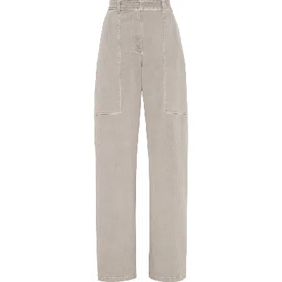 Brunello Cucinelli Stretch Dyed Denim Loose Utility Trousers With Monili In Beige