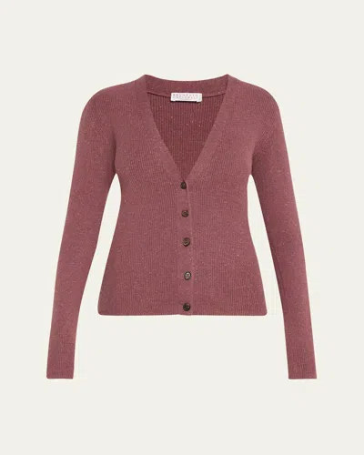 Brunello Cucinelli Stretch Lurex Ribbed Cashmere Cardigan In Burgundy