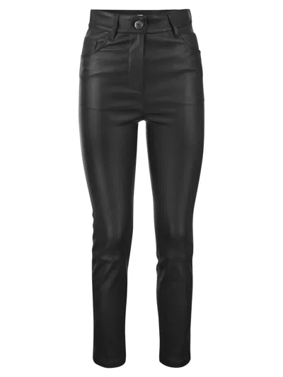 Brunello Cucinelli Stretch Nappa Leather Slim Trousers With Shiny Tab In Black