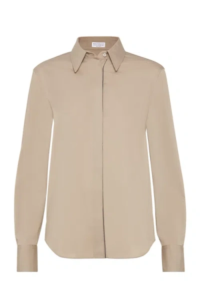 Brunello Cucinelli Stretch Poplin Shirt In Brown
