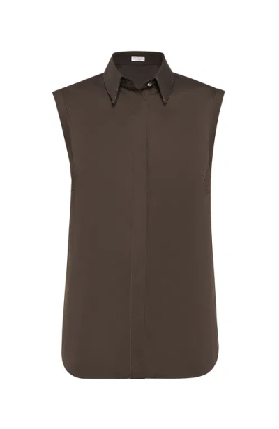 Brunello Cucinelli Stretch Poplin Shirt In Brown