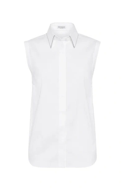 Brunello Cucinelli Women Sleeveless Shirt In Stretch Cotton Poplin With Shiny Trim In White
