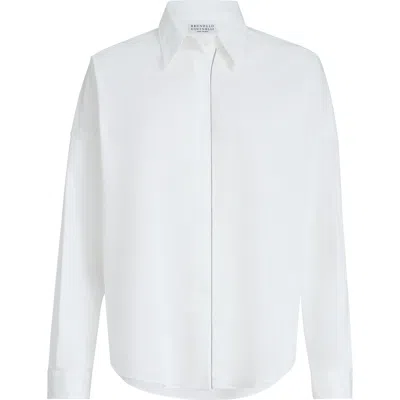 Brunello Cucinelli Stretch Poplin Shirt With Monili In White