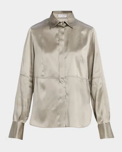 Brunello Cucinelli Stretch Satin Button-down Shirt With Monili Trim In Gray