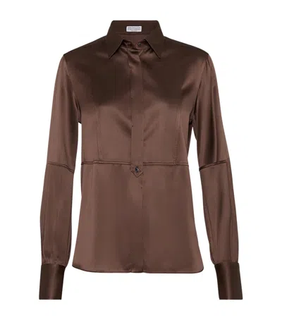 Brunello Cucinelli Stretch-silk Satin Shirt In Brown