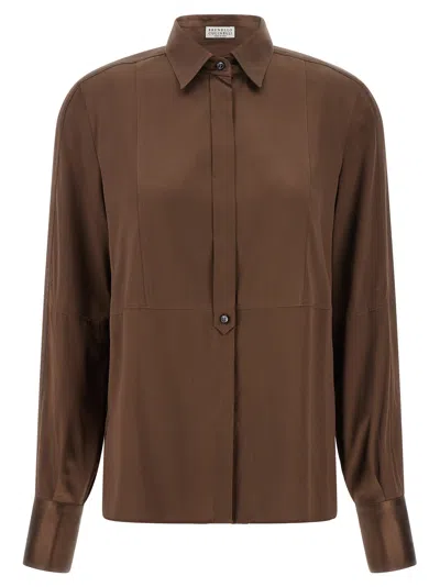 Brunello Cucinelli Stretch Silk Satin Shirt In Brown