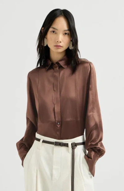 Brunello Cucinelli Stretch Silk Satin Shirt With Monili In Brown
