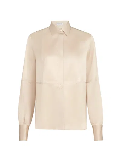 Brunello Cucinelli Stretch Silk Satin Shirt With Monili In Neutral