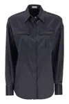 Brunello Cucinelli Women's Stretch Silk Satin Shirt With Shiny Pockets In Blue