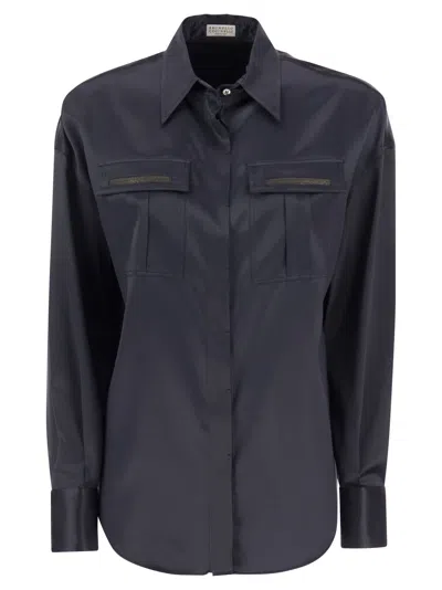 Brunello Cucinelli Women's Stretch Silk Satin Shirt With Shiny Pockets In Blue