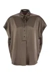 Brunello Cucinelli Women Stretch Silk Satin Short-sleeved Shirt With Necklace