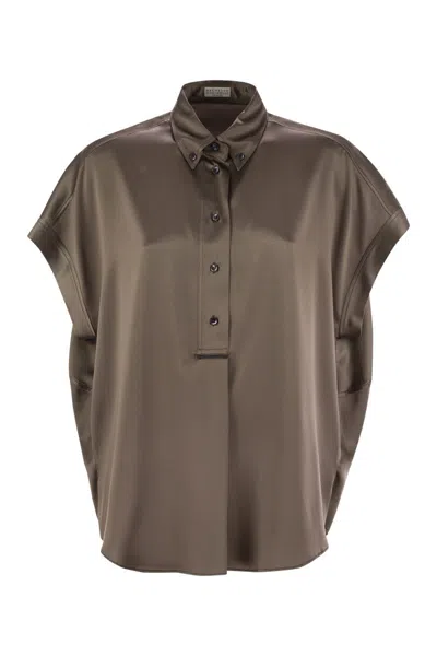 BRUNELLO CUCINELLI BRUNELLO CUCINELLI STRETCH SILK SATIN SHORT-SLEEVED SHIRT WITH NECKLACE