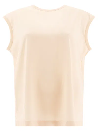 Brunello Cucinelli Stretch Silk Satin T-shirt With Monili T-shirts Beige In Tan