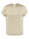 Brunello Cucinelli Elegant Stretch Silk Satin T-shirt With Jewel Accent In Cream