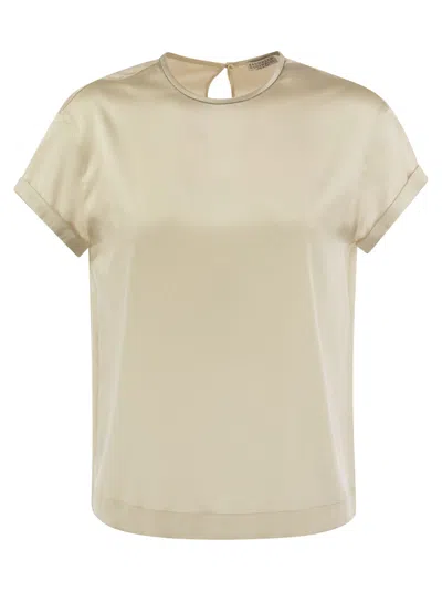 Brunello Cucinelli Stretch Silk Satin T-shirt With Necklace In Cream