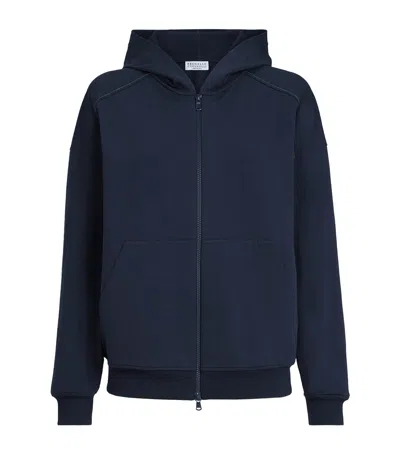 Brunello Cucinelli Stretch-cotton Embellished Hoodie In Blue