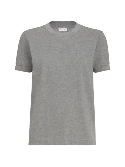 Brunello Cucinelli Stretch-cotton Piqué T-shirt With Sparkling Cotton Knit Inserts And Logo In Gray