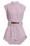 Brunello Cucinelli Stripe Belted Cap Sleeve Stretch Poplin Button-up Shirt In C080 White Prune