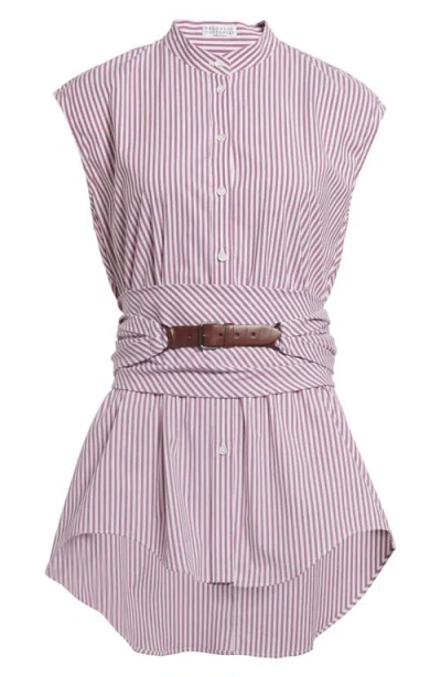 Brunello Cucinelli Stripe Belted Cap Sleeve Stretch Poplin Button-up Shirt In White Prune