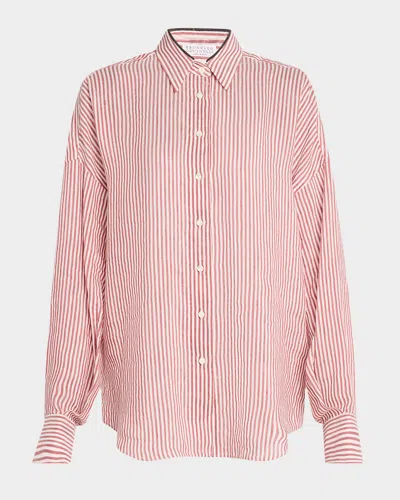 Brunello Cucinelli Stripe Button Down Linen Shirt With Piping Collar In Bordeaux