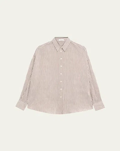Brunello Cucinelli Stripe Button Down Linen Shirt With Piping Collar In C007 White Brown