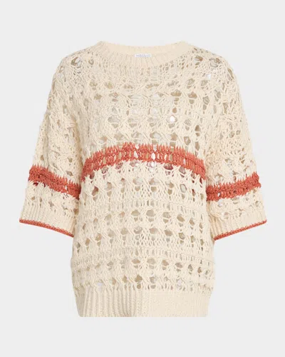 Brunello Cucinelli Stripe Cotton-jute Open Knit Short-sleeve Sweater