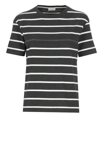 Brunello Cucinelli Stripe Cotton T-shirt In C7049