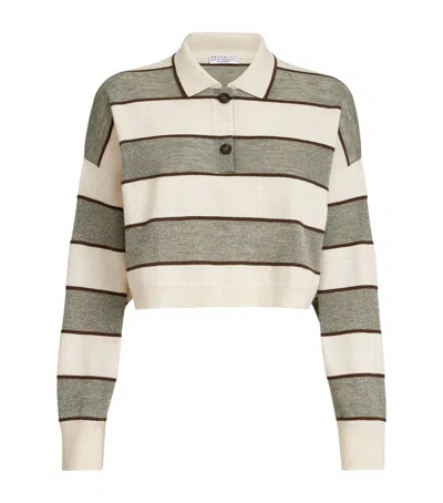 Brunello Cucinelli Stripe Cropped Polo Sweater In Neutral