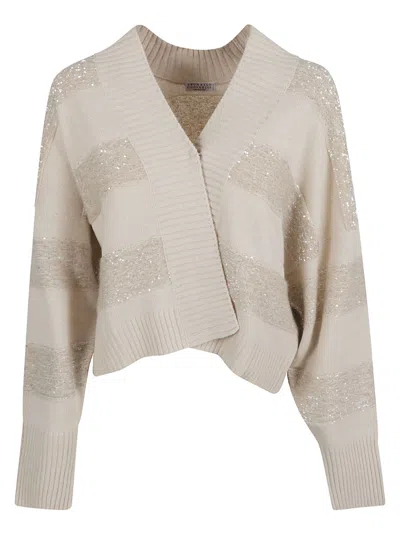Brunello Cucinelli Stripe Embellished Rib Trim Cardigan In Beige