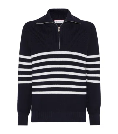 BRUNELLO CUCINELLI STRIPE ENGLISH-RIB QUARTER-ZIP SWEATER