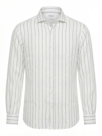 Brunello Cucinelli Stripe Linen Easy Fit Shirt With Spread Collar In White