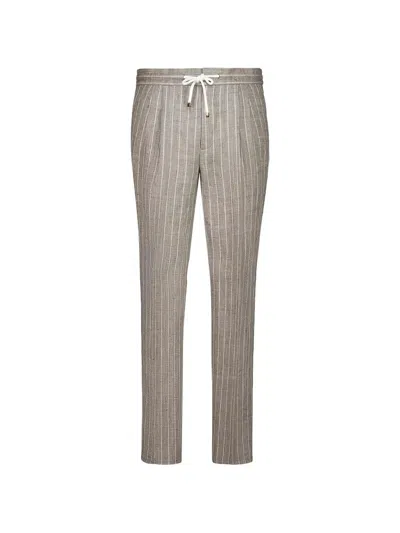 Brunello Cucinelli Stripe Linen Pants With Drawstring And Double Pleat In Brown