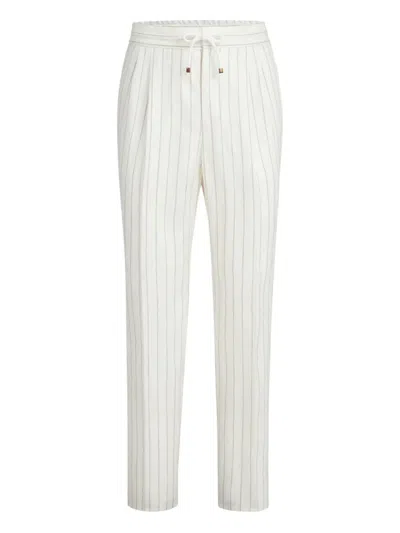Brunello Cucinelli Stripe Linen Pants With Drawstring And Double Pleat In White
