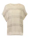 Brunello Cucinelli Openwork Knit Crewneck Top With Micro Sequins In Neutral