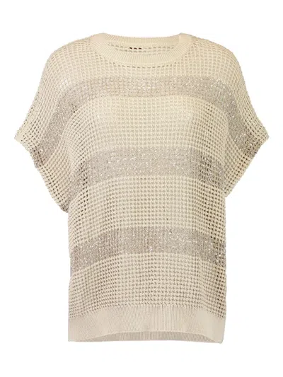 Brunello Cucinelli Stripe-pattern Crew-neck Top In Neutral